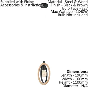 Hanging Ceiling Pendant Light Black & Wood Hoop Shade 1 x 40W E27 Bulb