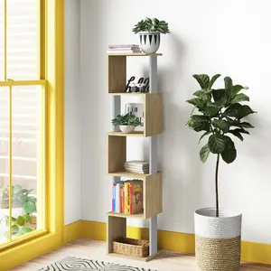 Chane Wall-Mounted Bookcase with 5 Shelves | Modern Storage Unit for Home or Office Oak/White