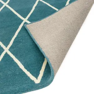 Diamond Teal Wool Chequered Geometric Luxurious Modern Handmade Rug for Living Room and Bedroom-160cm X 230cm