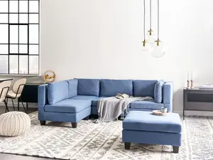 Corner Sofa with Ottoman UNSTAD Blue Fabric Right Hand