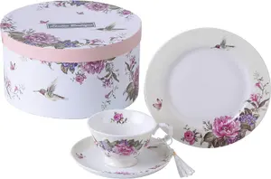 Coffee Tea Cup and Saucer 7.5" Dessert Plate Set 3 Shabby Chic Vintage Porcelain Bird Butterfly Floral Gift Box (Cream/Beige)