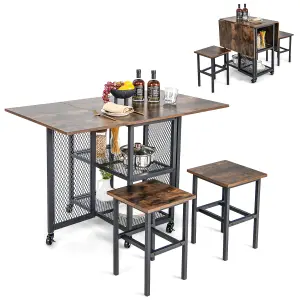 Costway 3 Set Foldable Dining Table 2 Stools Drop Leaf Extending Dining Table w/ Lockable Wheels