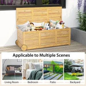 Costway Outdoor Storage Box 180L Acacia Wooden Patio Storage Deck Box W/ Wheels