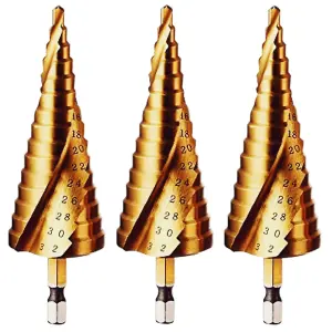 Rennie Tools Pack Of 3 x 4-32mm HSS Spiral Flute Step Drill Bit Titanium (TiN) Coated Cone / Hole Cutter For Steel Plastics & Wood