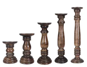 Rustic Antique Carved Wooden Pillar Church Candle Holder Light Brown, Extra Large 45cm High