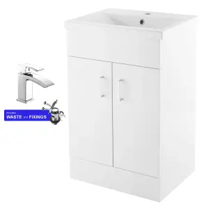 600mm Bathroom Vanity Unit White Cloakroom Two Door Basin Sink Cabinet & Chrome Tap Set