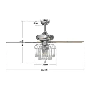 Chrome Crystal Ceiling Fan Light Chandelier with Remote Control 52 Inch