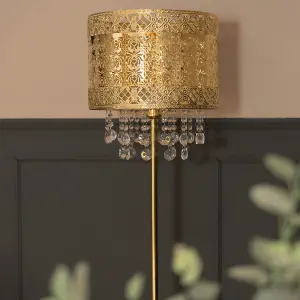 ValueLights Enna Gold Moroccan Style Floor Lamp with Acrylic Jewel Droplet Drum Lampshade - Bulb Included