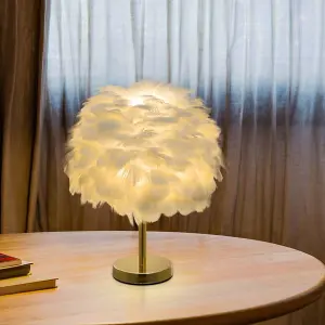 White Chic LED Feather Bedroom Bedside Table Lamp with Metal Base and Switch 30x38 cm