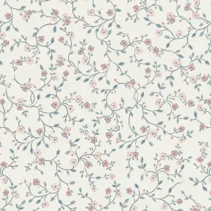 Laura Ashley White, Duck Egg & Pink Blencow Sprig Smooth Wallpaper