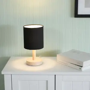 ValueLights Nelly Set of 2 - Natural Wood Base Bedside Table Lamps with Black Cylinder Fabric Lampshade for Bedroom Light