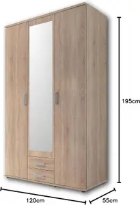 Elegant KARL 3-Door Hinged Wardrobe with Mirror W1200mm H1960mm D535mm - Oak Sonoma, Spacious Storage, Modern Design