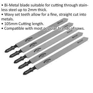 5-Pack 105mm Bi-Metal Jigsaw Blades for Precision Metal Cutting