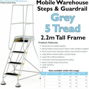 5 Tread Mobile Warehouse Steps & Guardrail GREY 2.2m Portable Safety Stairs