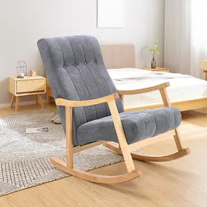 Dark Grey Velvet Upholstered Rocking Chair Rubberwood Rocker Glider Chair