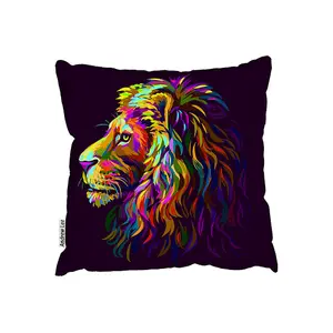 Abstract, Multicolored Profile Portrait Of A Lion'S Head On A Purple Background In Popart Style (Cushion) / 45cm x 45cm