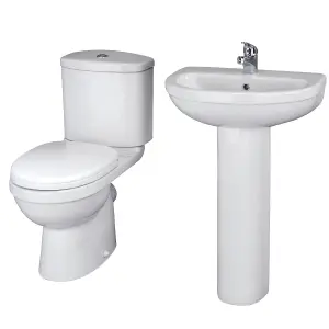 Vito Bathroom Round Ceramic Bundle with Toilet Pan, Cistern, Seat, 550mm 1 Tap Hole Basin and Full Pedestal - Balterley