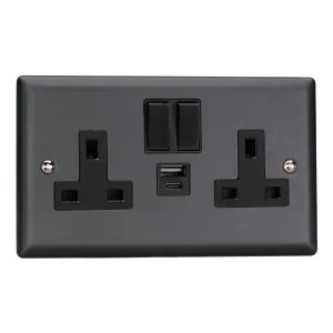 Varilight 2-Gang 13A Switched Socket & USB A+C Matt Black