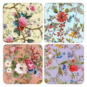 Coaster Set of 4 William Kilburn Cork Back Assorted Floral Design Flowers Nature