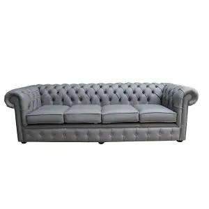 Chesterfield 4 Seater Sofa Shelly Silver Grey Real Leather In Classic Style