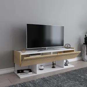 Decorotika Kase TV Stand TV Cabinet TV Unit with Three Shelves and Two Cabinets - White and Oak Pattern