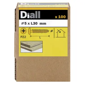 Diall PZ Pan head Yellow-passivated Steel Wood screw (Dia)5mm (L)30mm, Pack of 100