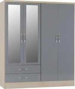 Nevada 4 Door 2 Drawer Mirrored Wardrobe in Grey Gloss and Oak Effect Finish