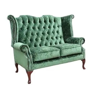 Chesterfield 2 Seater High Back Sofa Modena Forest Green Velvet Fabric In Queen Anne Style