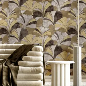 Galerie Stratum Collection Metallic Gold/Brown/Grey Ginko Leaf Double Width Wallpaper Roll