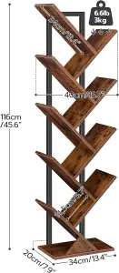 Tree Bookshelf Tall, 9-Tier Floor Standing Book Shelf, Tall Bookcase with Wooden Shelves for CDs Albums, Metal Frame,