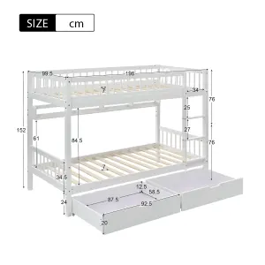 Bunk Bed, 3FT Solid Pine Wood Single Bed Frame for Children, Under Bed Slide Drawer Storage, with Shelf, White (90x190cm)