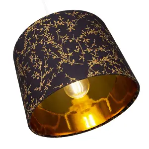 Modern Black Cotton Fabric 12 Lamp Shade with Gold Foil Floral Decoration