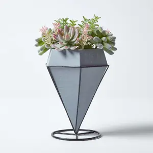 Homescapes Artificial Cactus and Succulent Arrangement in Decorative Geometric Grey Pot, 31 cm Tall