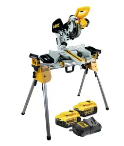 Dewalt DCS365M2 18v Cordless XPS 184mm Mitre Saw, 2 x 4.0ah + DE7033 Leg Stand