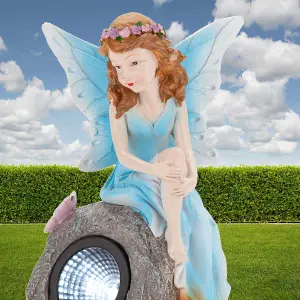 Enchanted Blue Solar Fairy On Rock Garden Light