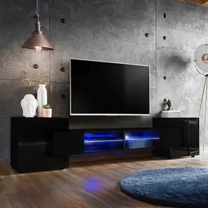 Merano Wide TV Unit with Storage & Led Lighting - Black Gloss / Black Matt