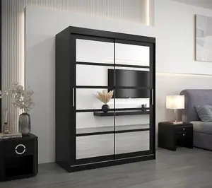 Roma II Black Modern Sliding Door Wardrobe H2000mm W1500mm D620mm with Mirrored Panels and Silver Handles