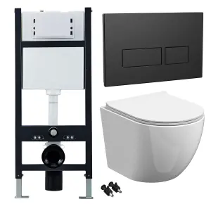 Bubly Bathrooms™ White Rimless Wall Hung Toilet Pan, Seat & 1.13m Concealed Cistern Frame - Black