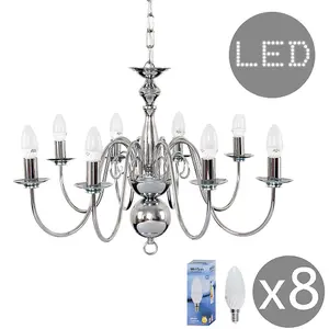 ValueLights Gothica Large Retro 8 Way Ceiling Light Chandelier Fitting In Polished Chrome Finish - LED Candle Bulbs 3000K