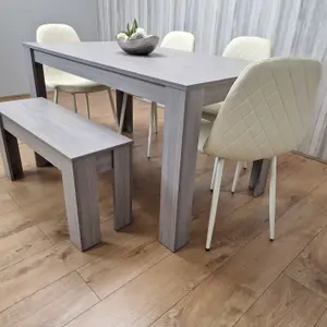 Dining Table Set In Grey, 4 Diamond-Pattern Cream Chairs, and 1 Bench. Kitchen Dining Table for 4