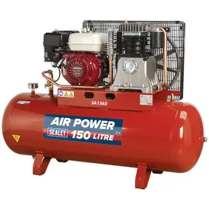 150 Litre Belt Drive Air Compressor - 6.5hp Petrol Engine - Gauge & Air Outlet