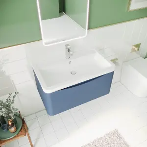 Wall Hung 1 Drawer Vanity Basin Unit with Polymarble Basin, 800mm - Satin Blue