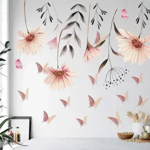 Walplus Combo Kids Wall Sticker Delicate Flowers With Rose Gold Floral 3D Butterflies PVC