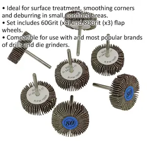 Versatile 7 Piece Rotary Tool Flap Wheel Set - 30mm Diameter with 60 & 80 Grit Wheels