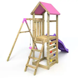 Rebo Adventure Wooden Climbing Frame, Swing Set and Slide - Rushmore Pink