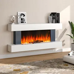 Electric Fire Suite Black Fireplace with White LED Surround Set Remote WiFi Connected Both Side Nightlight 7 Flame Color 52 Inch