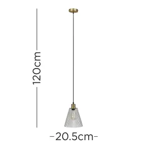 ValueLights MacArthur Modern Satin Gold Suspended Ceiling Pendant Light Fitting with Ribbed Clear Glass Shade