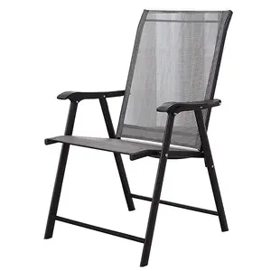 Set of 2 Outdoor Black Back Metal Frame and Fabric Folding Chairs with Armrests