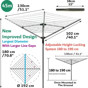 Rotary Airer 4 Arm Outdoor Washing Line 45m With Cover & Ground Spike