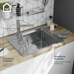 GoodHome Quassia Brushed Stainless steel 1 Bowl Kitchen sink With compact drainer 505mm x 635mm